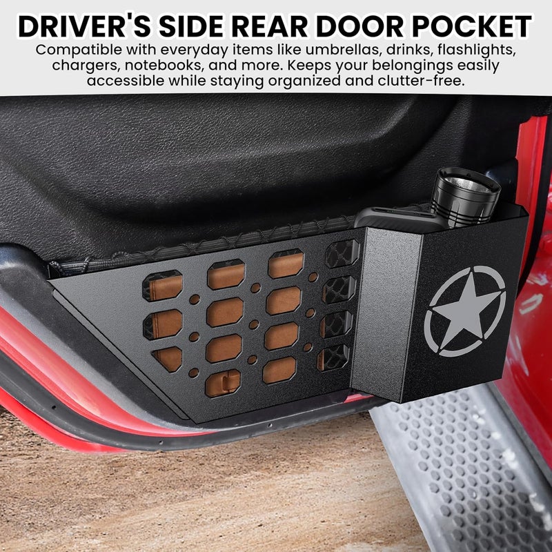 DIAMOOKY Metal Rear Door Pocket Storage Box for Jeep Wrangler JL JLU 4XE 2018-2026 & Gladiator JT 2020-2023 2023 2024 2025 2026 Accessories Door Storage Organizer Molle Panels, Star, 2PCS - Image 2